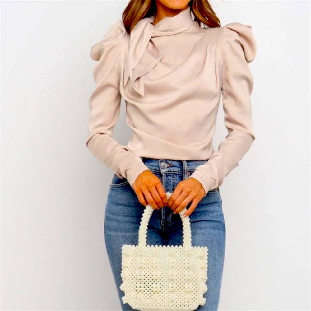 Satin Puff Longsleeve Blouse Tie Neck Zipper Back
